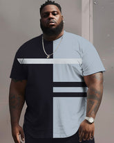 Big Men's Casual Simple Blue Horizontal Color-block Printed T-shirt Shorts Set